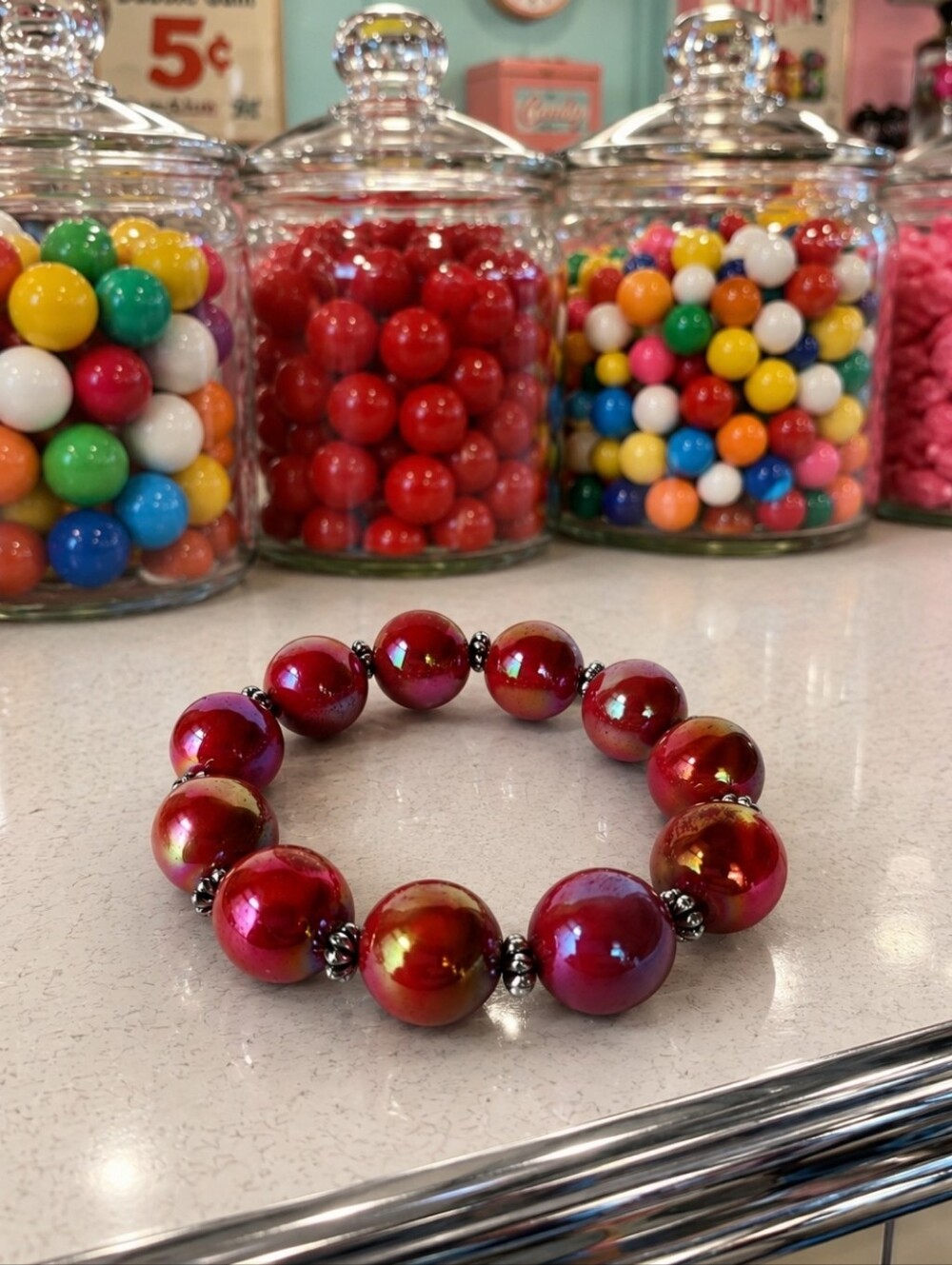 Luscious Red Cherry Gumball  Iridescent Stretch Bauble Statement  Bracelet NEW